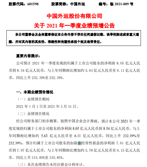 途乐证券 中国外运2021年第一季度预计净利上升232.39%-252% 投资收益增长